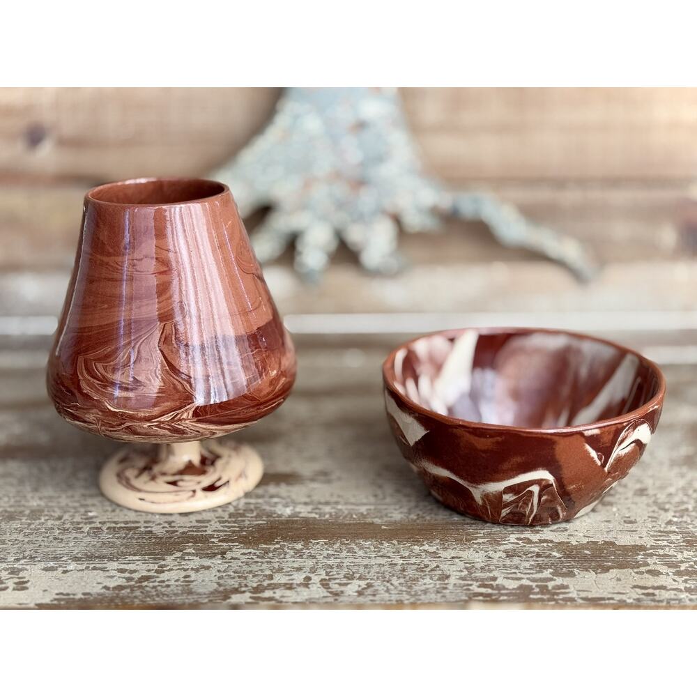 Vintage Handmade Clays in Calico Pottery Vase & Bowl Set – Marbled Clay Design